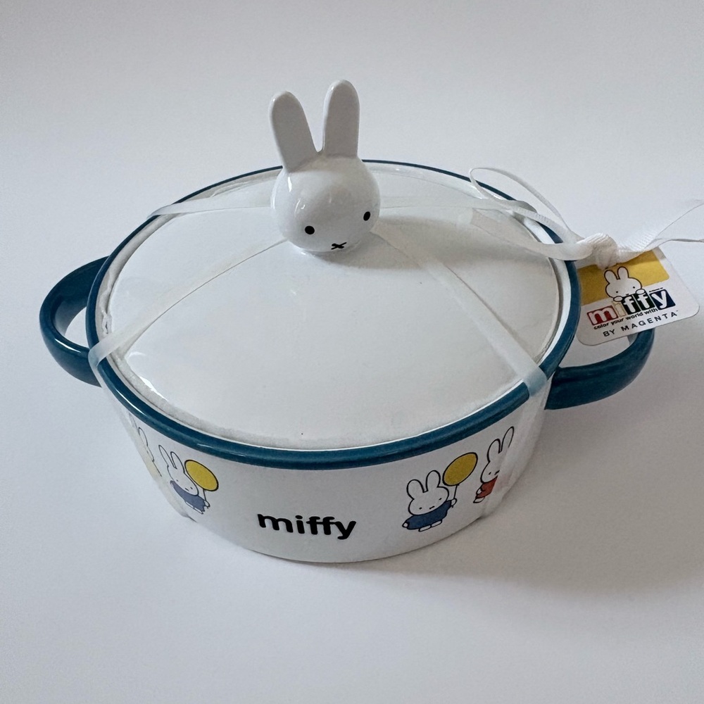 miffy White Ceramic Casserole with Teal Trim and Bunny Lid